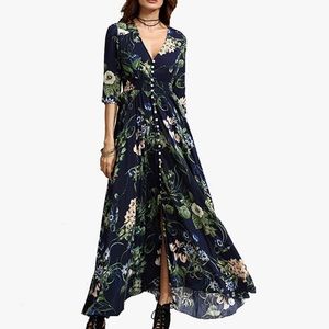Floral Party Dress • Button Up  • High Split • Flowy Maxi Dress
